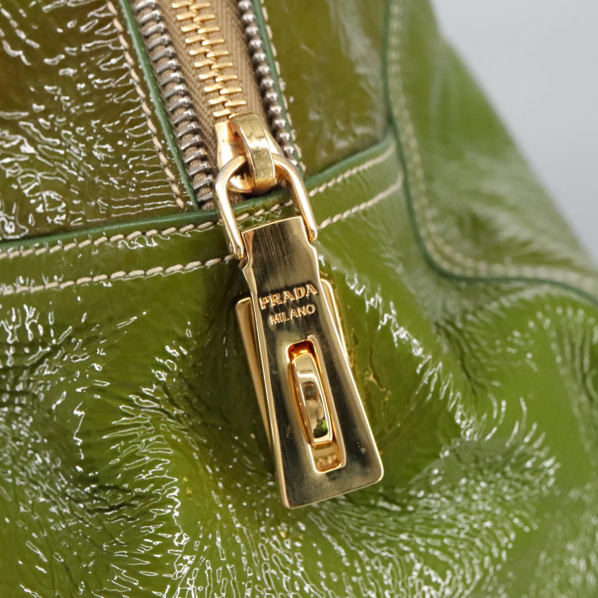 PRADA Hand Bag Enamel Green Gold Auth ti2329