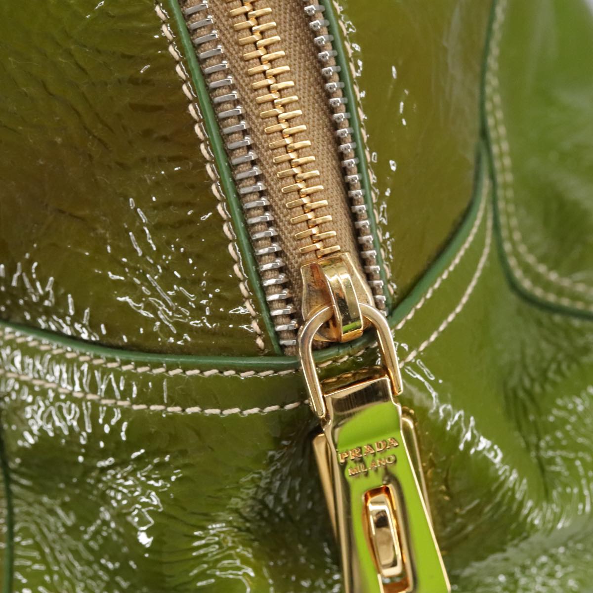 PRADA Hand Bag Enamel Green Gold Auth ti2329