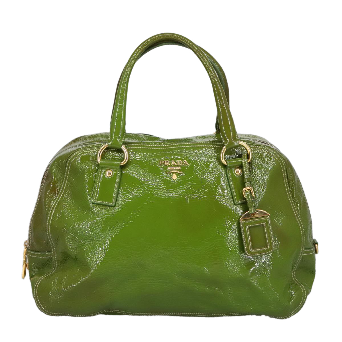 PRADA Hand Bag Enamel Green Gold Auth ti2329