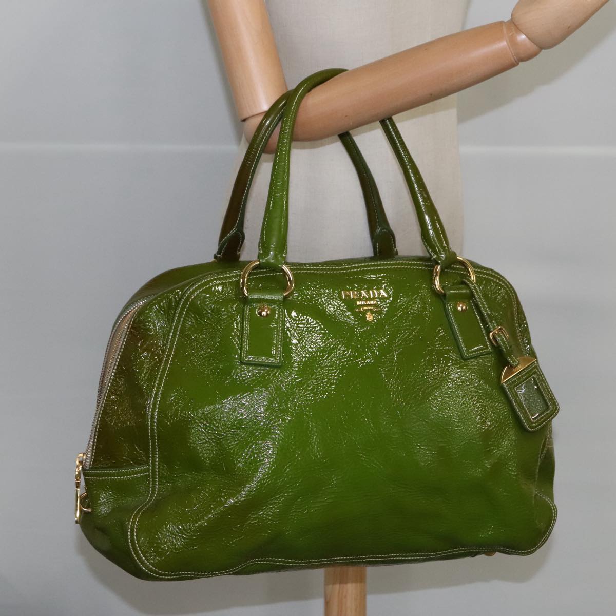 PRADA Hand Bag Enamel Green Gold Auth ti2329