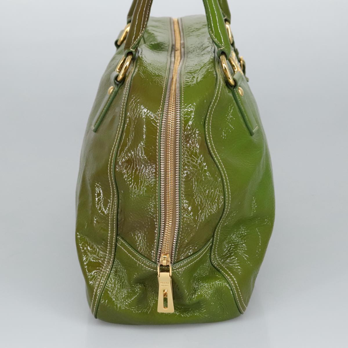 PRADA Hand Bag Enamel Green Gold Auth ti2329