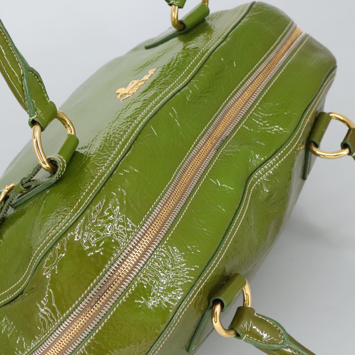 PRADA Hand Bag Enamel Green Gold Auth ti2329