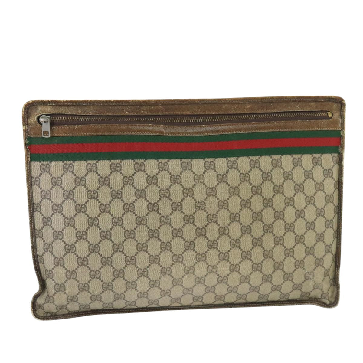 GUCCI GG Supreme Web Sherry Line Clutch Bag PVC Leather Beige Gold Auth ti2330