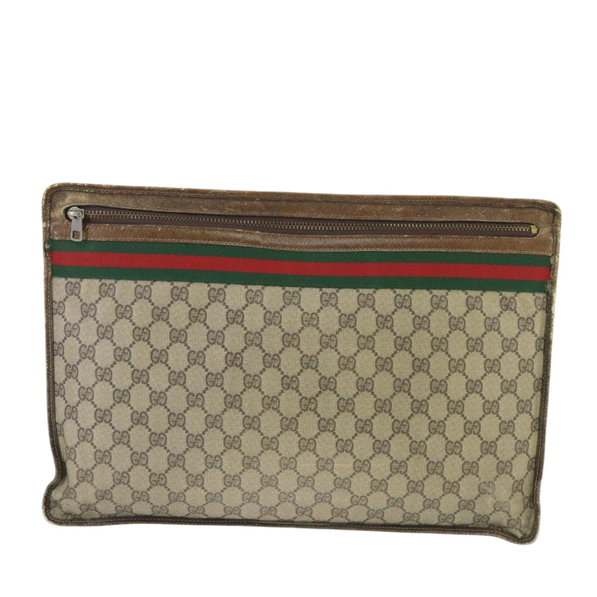 GUCCI GG Supreme Web Sherry Line Clutch Bag PVC Leather Beige Gold Auth ti2330