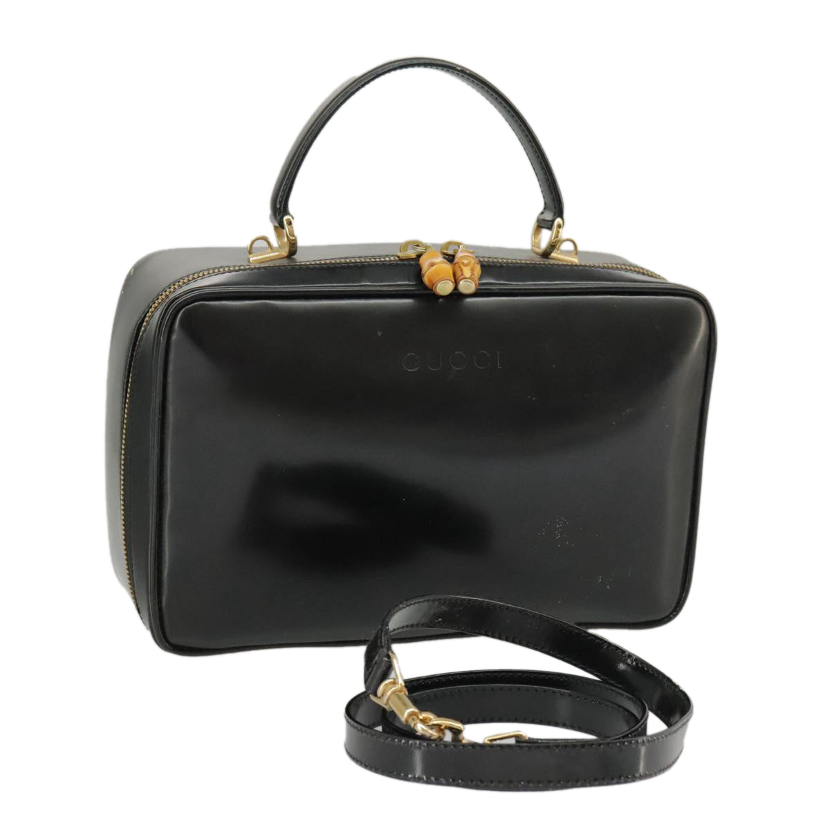 GUCCI Bamboo Hand Bag Enamel 2way Black Auth ti2333