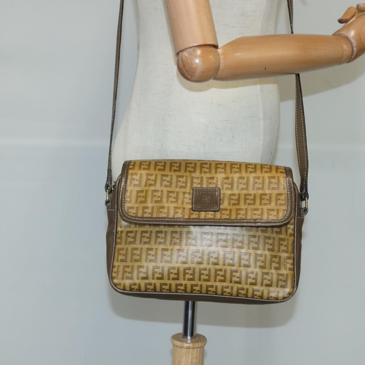 FENDI Zucchino Canvas Shoulder Bag Coated Canvas Brown Auth ti2336