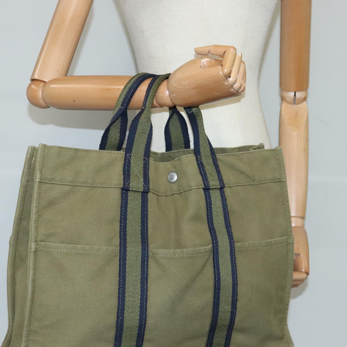 HERMES Fourre Tout MM Tote Bag Canvas Khaki Auth ti2341