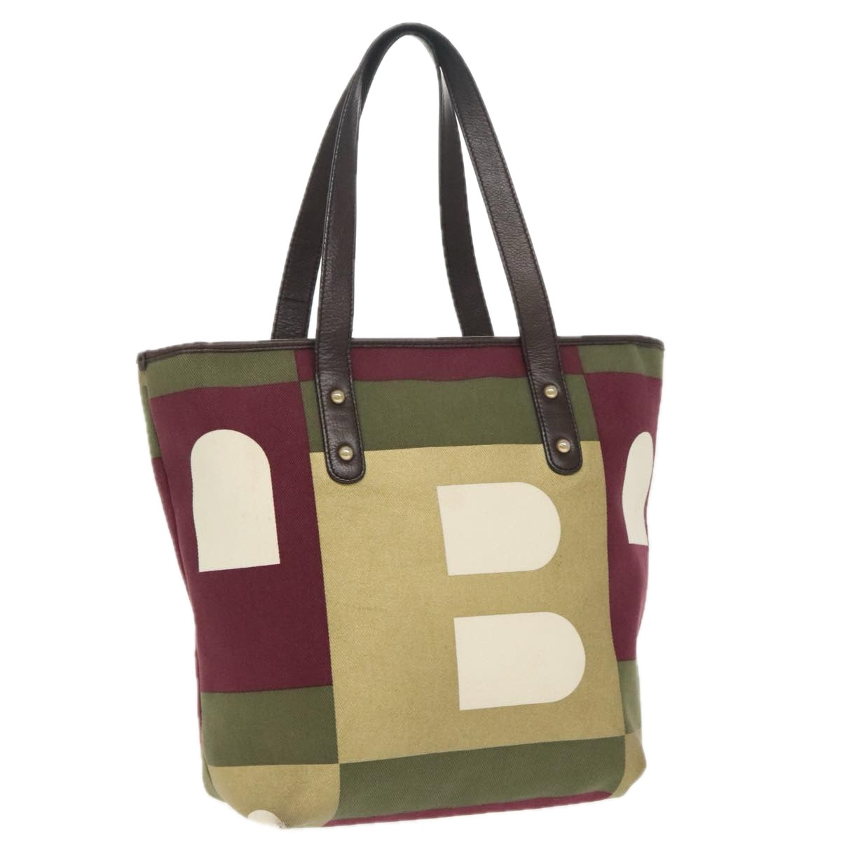 BALLY Tote Bag Canvas Leather Green Dark Brown Gold Auth ti2360