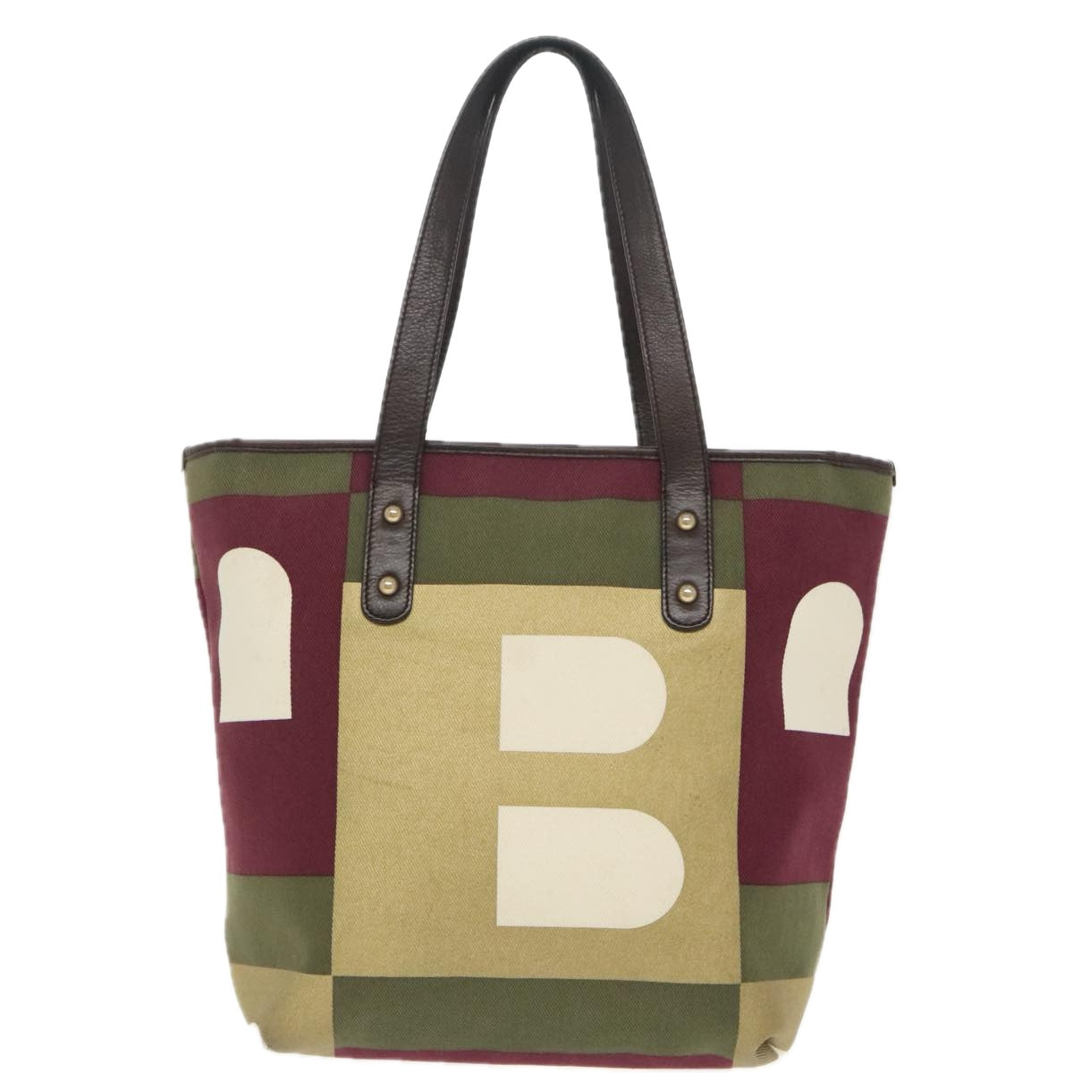 BALLY Tote Bag Canvas Leather Green Dark Brown Gold Auth ti2360