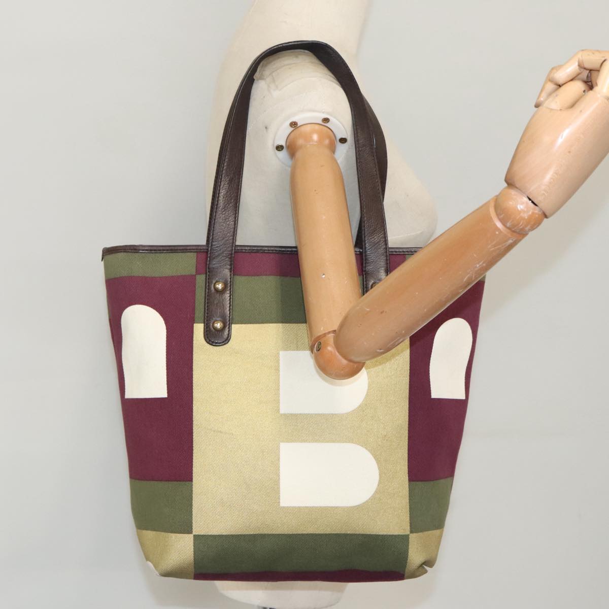 BALLY Tote Bag Canvas Leather Green Dark Brown Gold Auth ti2360