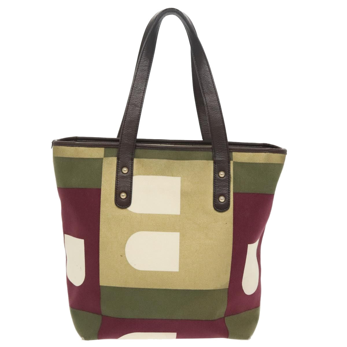 BALLY Tote Bag Canvas Leather Green Dark Brown Gold Auth ti2360 - 0