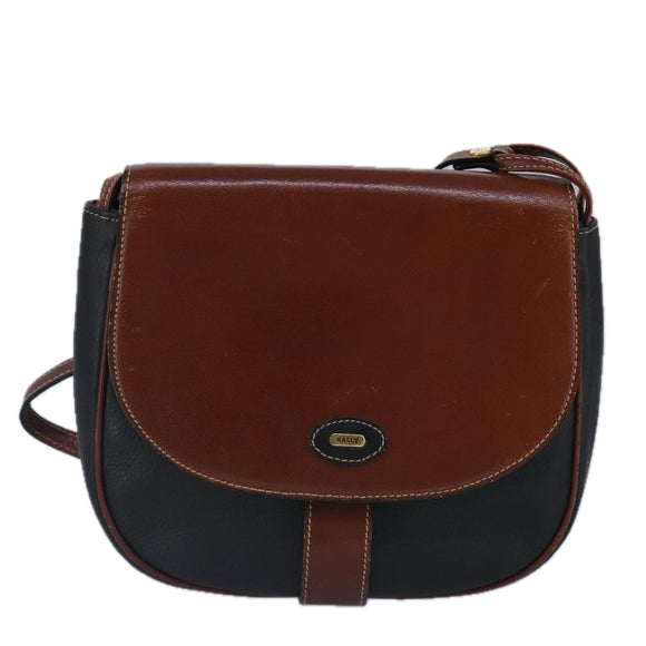 BALLY Shoulder Bag Leather Black Brown Auth ti2367