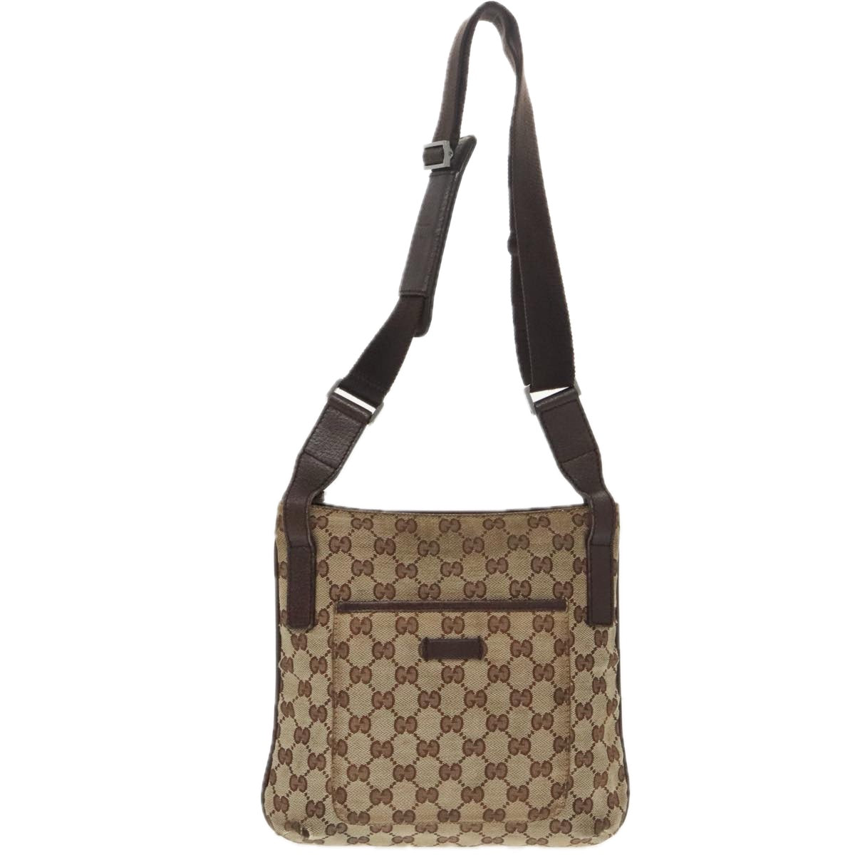 GUCCI GG Canvas Shoulder Bag Beige Dark Brown Silver 122793 Auth ti2385 - 0