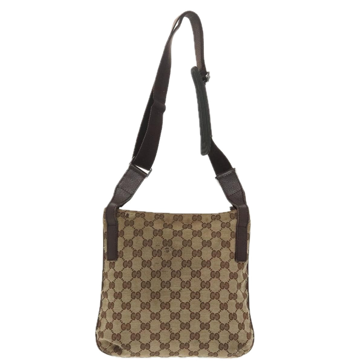 GUCCI GG Canvas Shoulder Bag Beige Dark Brown Silver 122793 Auth ti2385