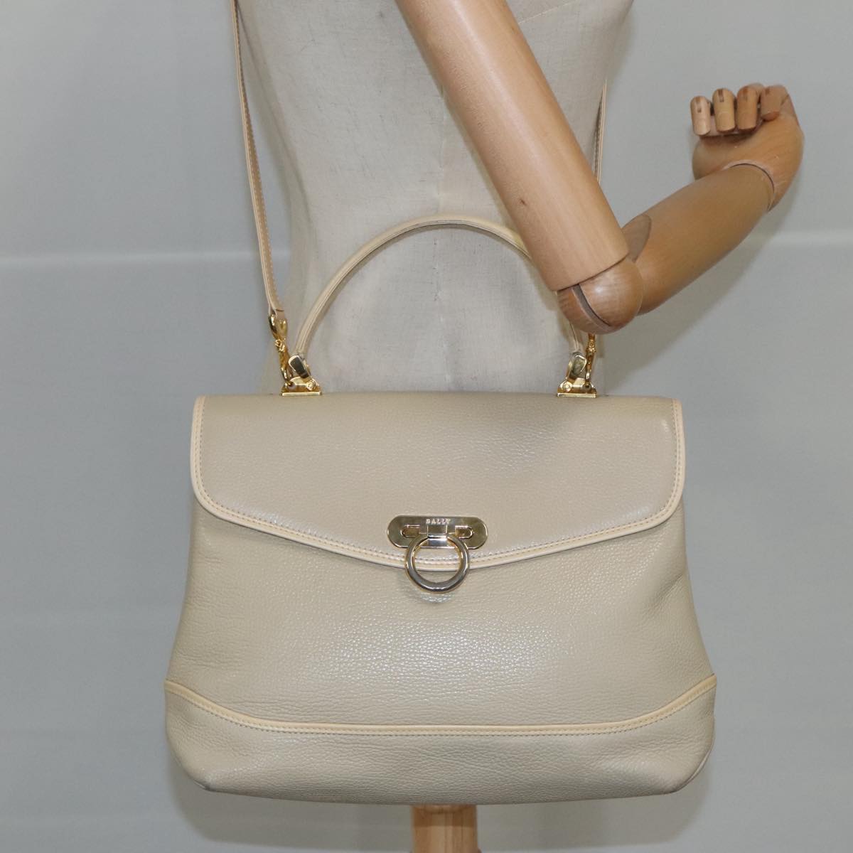 BALLY Hand Bag Leather 2way Beige Auth ti2415