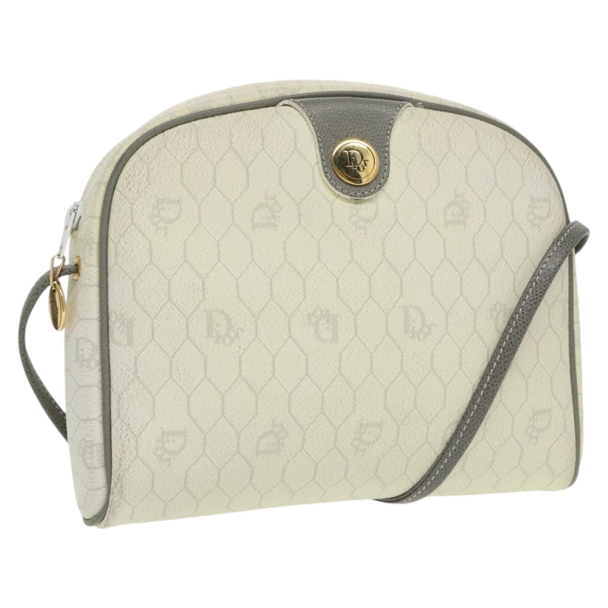 Christian Dior Honeycomb Canvas Shoulder Bag PVC Leather White Auth ti2420