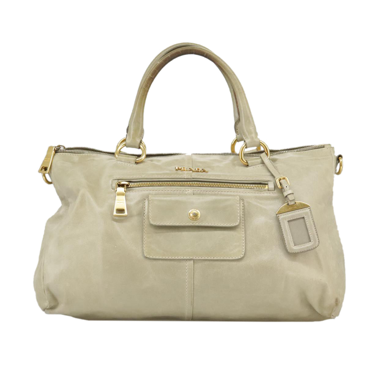 PRADA Hand Bag Leather 2way Beige Auth ti2432