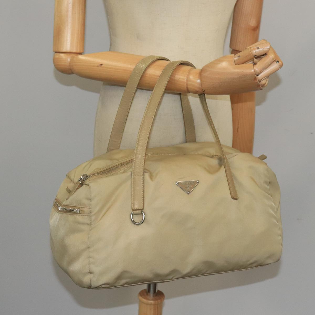 PRADA Hand Bag Nylon Beige Auth ti2440