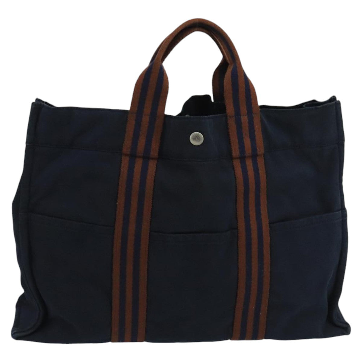 HERMES Fourre Tout MM Tote Bag Canvas Navy Brown Auth ti2457