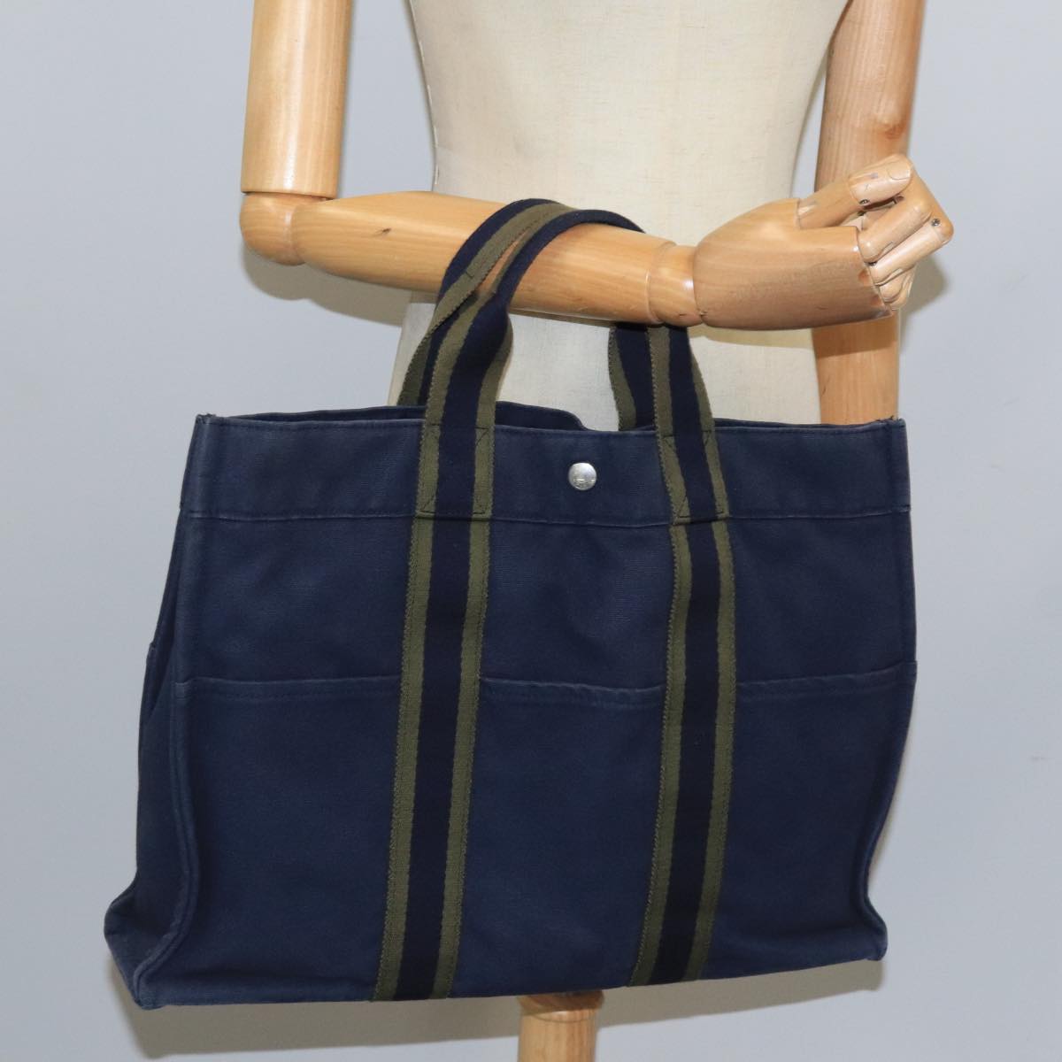 HERMES Fourre Tout MM Tote Bag Canvas Navy Green Auth ti2458