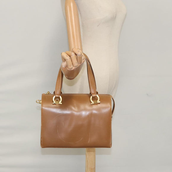 Salvatore Ferragamo Boston Bag Leather Beige Gold Auth ti2472
