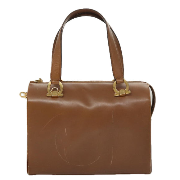 Salvatore Ferragamo Boston Bag Leather Beige Gold Auth ti2472