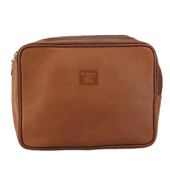 Burberrys Clutch Bag Leather Brown Gold Auth ti2491
