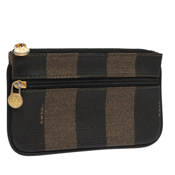 FENDI Pecan Canvas Pouch PVC Black Brown Gold Auth ti2537