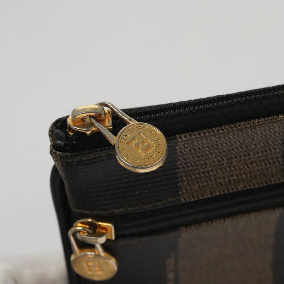 FENDI Pecan Canvas Pouch PVC Black Brown Gold Auth ti2537