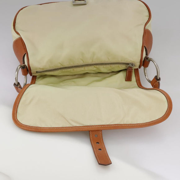 PRADA Shoulder Bag Nylon Leather Beige Brown Silver Auth ti2547