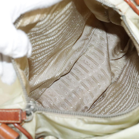 PRADA Shoulder Bag Nylon Leather Beige Brown Silver Auth ti2547