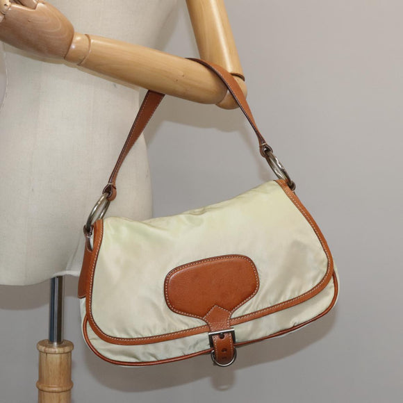PRADA Shoulder Bag Nylon Leather Beige Brown Silver Auth ti2547