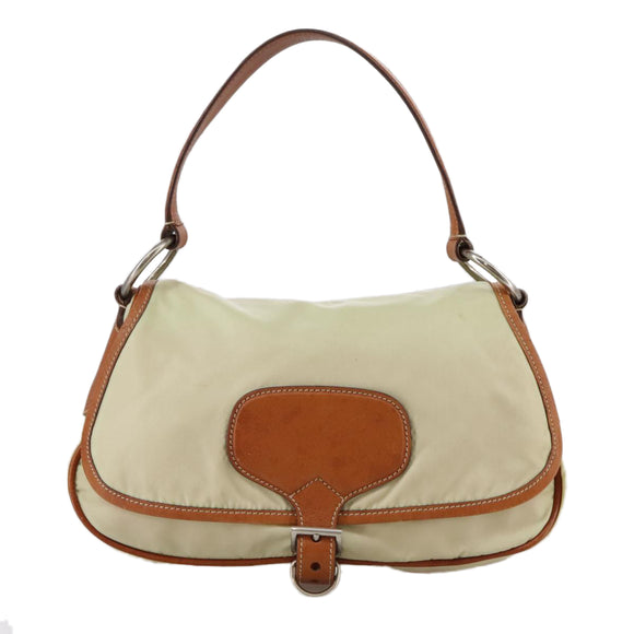 PRADA Shoulder Bag Nylon Leather Beige Brown Silver Auth ti2547