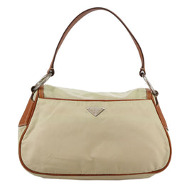 PRADA Shoulder Bag Nylon Leather Beige Brown Silver Auth ti2547 - 0