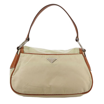 PRADA Shoulder Bag Nylon Leather Beige Brown Silver Auth ti2547 - 0
