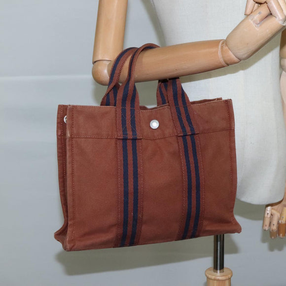 HERMES Tote Bag Canvas Brown Silver Auth ti2564