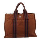 HERMES Tote Bag Canvas Brown Silver Auth ti2564-2