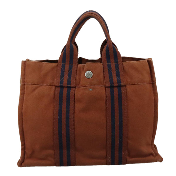 HERMES Tote Bag Canvas Brown Silver Auth ti2564