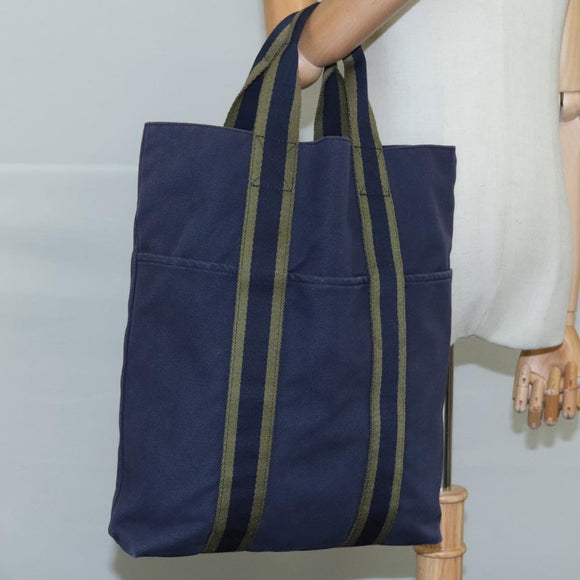 HERMES Fourre Tout cabas Tote Bag Canvas Navy Silver Auth ti2567
