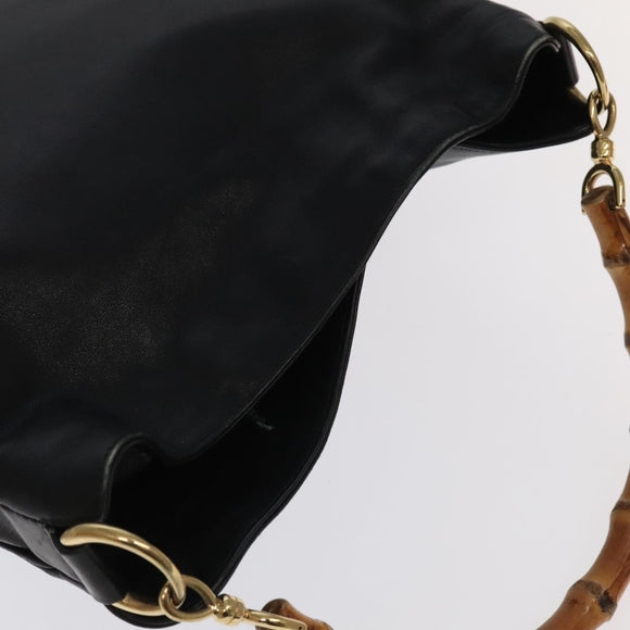 GUCCI Bamboo Hand Bag Leather 2way Black Gold 001 3754 1638 Auth ti2587