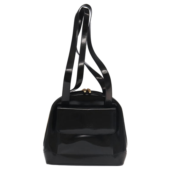 GUCCI Bamboo Shoulder Bag Enamel Black Gold 001 1075 1650 0 Auth ti2593