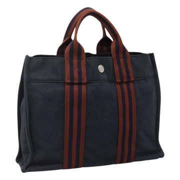 HERMES Fourre Tout PM Hand Bag Canvas Navy Brown Auth ti2734