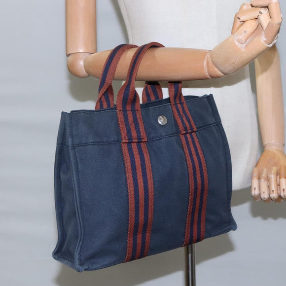 HERMES Fourre Tout PM Hand Bag Canvas Navy Brown Auth ti2734