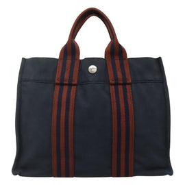 HERMES Fourre Tout PM Hand Bag Canvas Navy Brown Auth ti2734 - 0