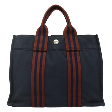HERMES Fourre Tout PM Hand Bag Canvas Navy Brown Auth ti2734 - 0