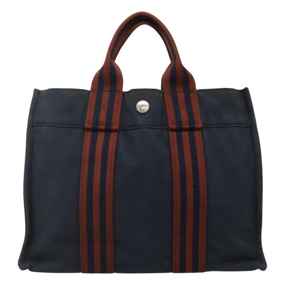 HERMES Fourre Tout PM Hand Bag Canvas Navy Brown Auth ti2734