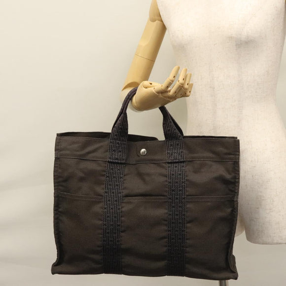 HERMES Her Line MM Hand Bag Canvas Gray Silver Auth ti2757