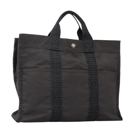 HERMES Her Line MM Hand Bag Canvas Gray Silver Auth ti2761