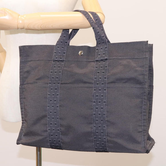 HERMES Her Line MM Hand Bag Canvas Gray Silver Auth ti2761