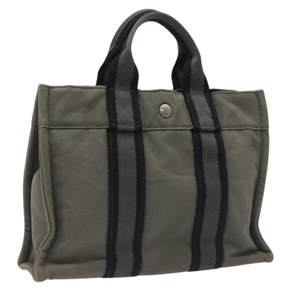 HERMES Fourre Tout PM Hand Bag Canvas Black Gray Silver Auth ti2833